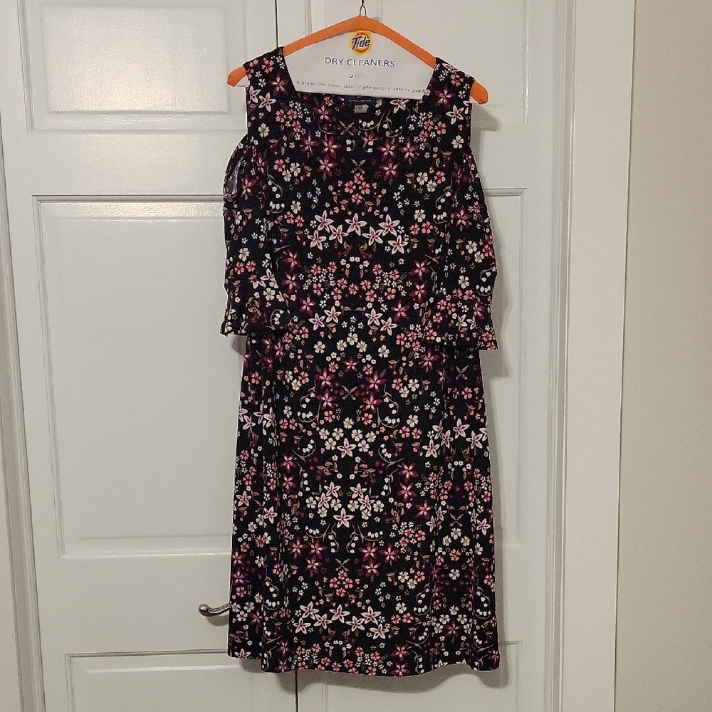 Floral Black and Pink Cold Shoulder Women's Dress